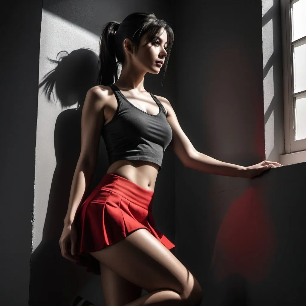 Prompt: 4k , high resolution , dark colors ,achromatic grays , detailed photo modeling , artistic, room , corner , a woman is leaning against the wall,low angle shot,show legs,portrait,ponytail, black hair , black crop top shirt , detailed red miniskirt, light shines the woman , light and shadow photography , expressionism ,modeling stance , good composition