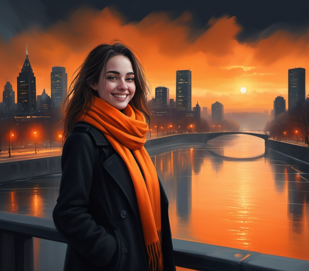 Prompt: digital painting of a city skyline with a woman (black coat ,orange scarf , jeans ) smiling  and  a river in the background at night time with a bright orange sky reflecting on the water ,winter ,fog ,clouds , art photography, at night, high resolution , realism , beautiful sunset ,