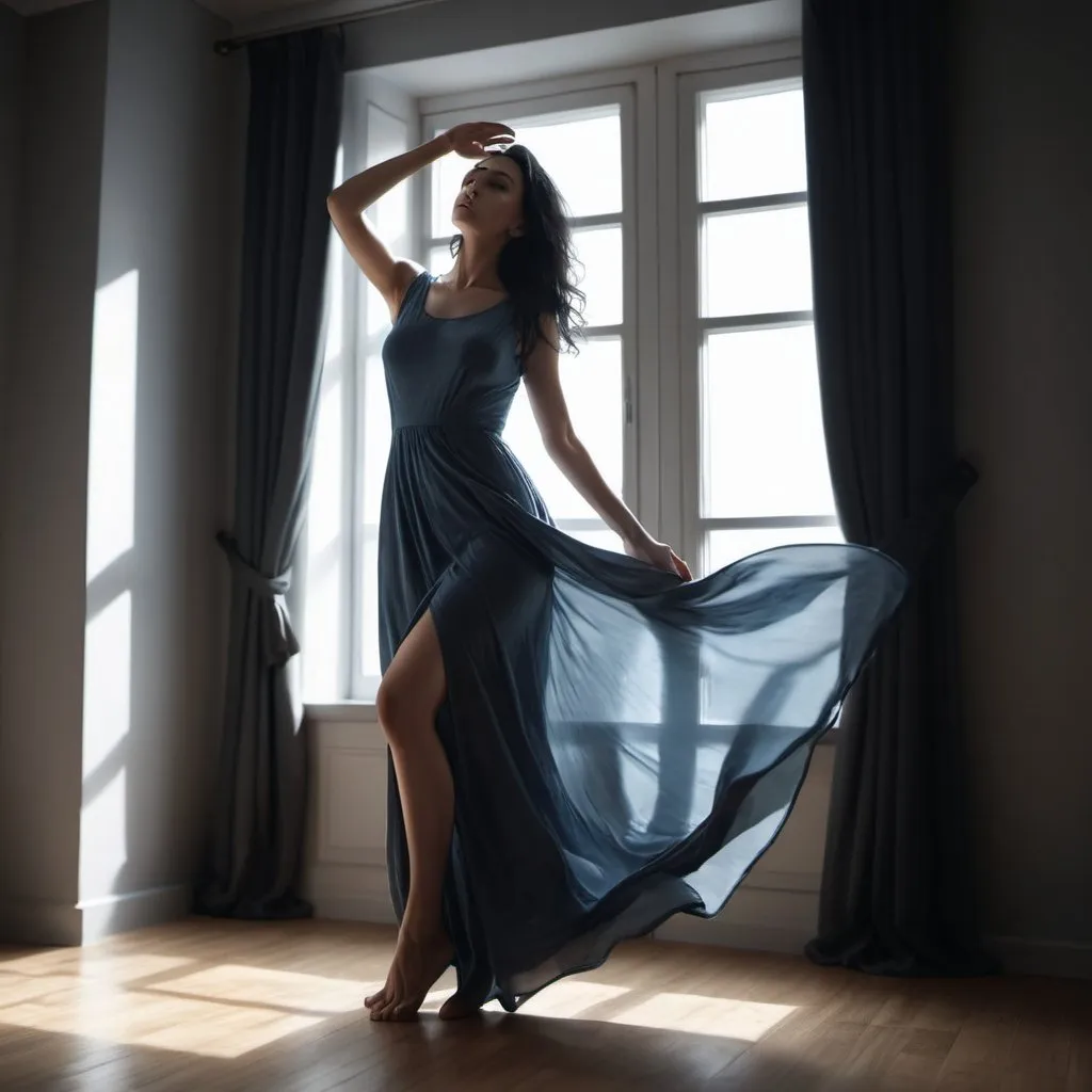 Prompt: high resolution, 4k, dark colors , achromatic grays , dramatic colors , detailed, fashion , modeling , room , parquet , window with gray curtain
a woman is modeling , fancy blue long slit dress , low angle shot , feet , black hair , close up on woman's face ,portrait ,light and shadow , dance stance  , low angle shot , sunlight shines on the woman through the window , dynamic movement 