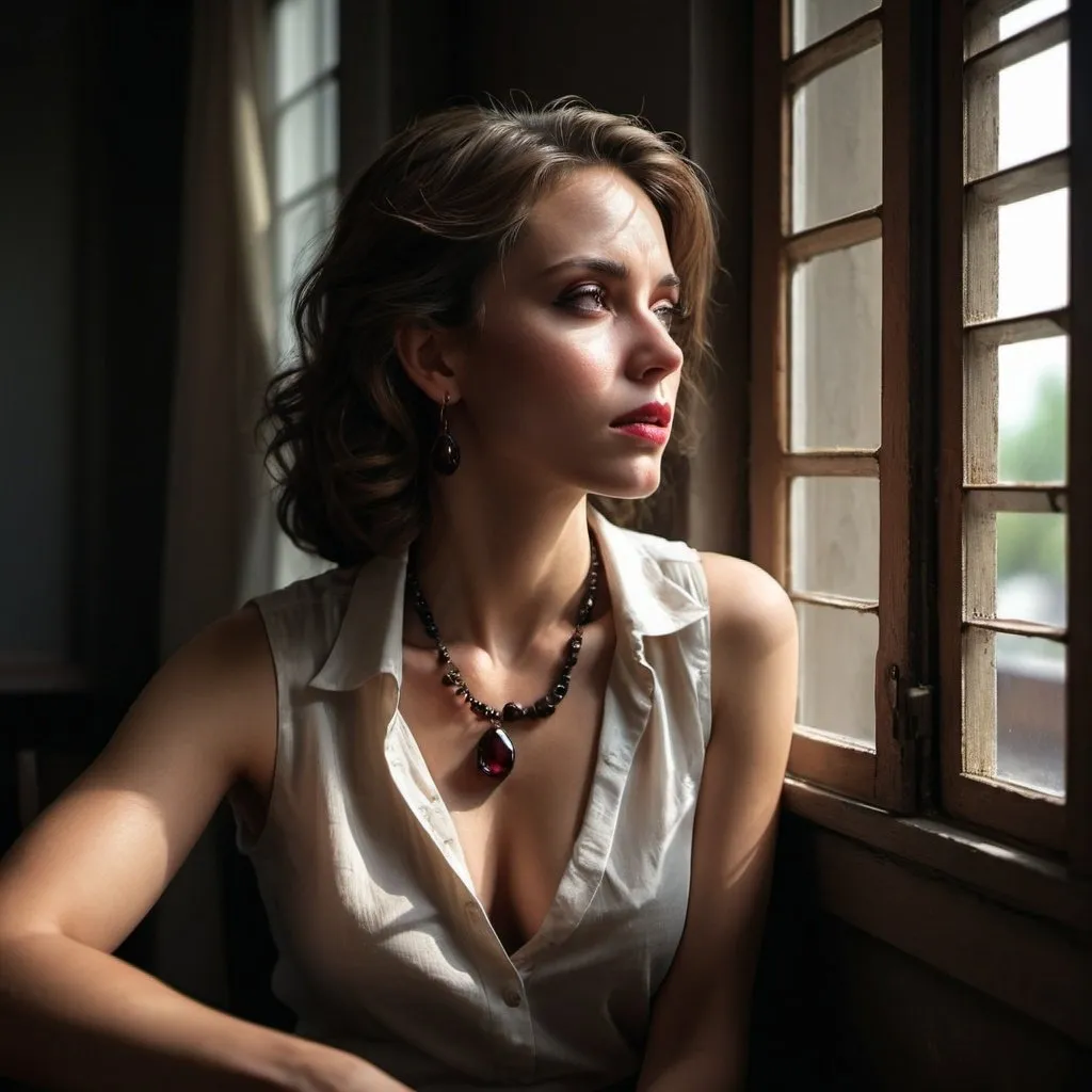 Prompt: high resolution , 4k , detailed face , dark colors , realism,expressionism , portrait , window with opened shutters , sad atmosphere, professional modeling photography ,promotional image , dark room , dark walls ,dramatic lighting , a woman sits and drinks red wine , white sleeveless shirt , khaki tight pants , necklace , earrings , sunlight shines the woman through the shutters 