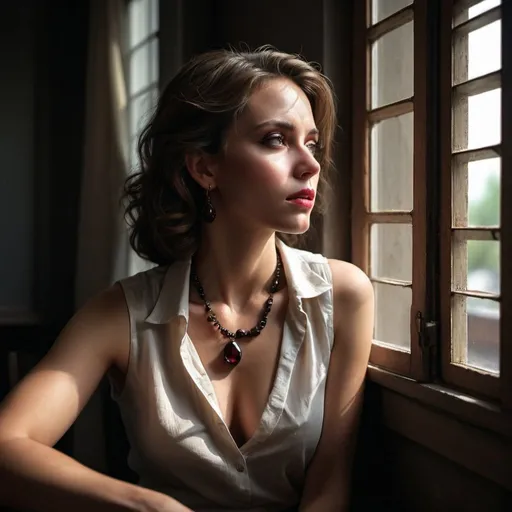 Prompt: high resolution , 4k , detailed face , dark colors , realism,expressionism , portrait , window with opened shutters , sad atmosphere, professional modeling photography ,promotional image , dark room , dark walls ,dramatic lighting , a woman sits and drinks red wine , white sleeveless shirt , khaki tight pants , necklace , earrings , sunlight shines the woman through the shutters 
