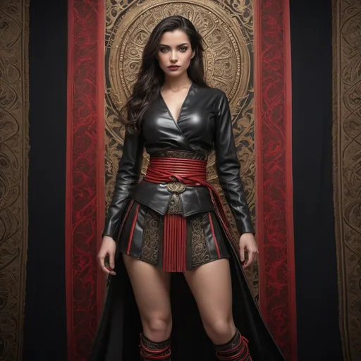 Prompt: A woman in a dark, ornate outfit . She is wearing a fitted, cross-wrapped top made of sleek leather-like material  Her waist is cinched with a wide decorative belt featuring intricate engravings, tied with ceremonial red ropes. Flowing fabric panels with vertical striped patterns hang down from the waist, resembling a skirt, while revealing parts of her legs.
the background is just black 

