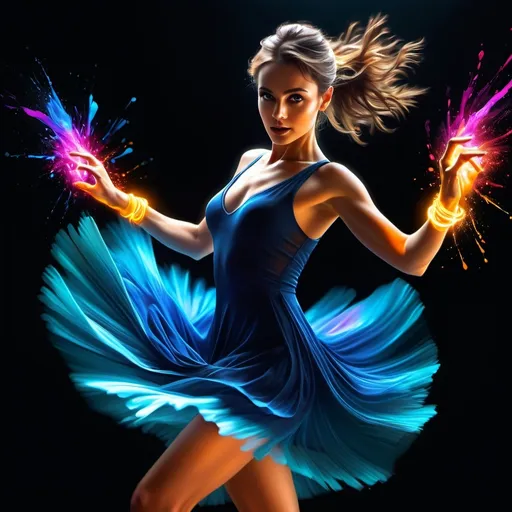 Prompt: 4k , high resolution,realism  , digital painting  , ultra detailed , art photography , bright colors , black background  with glowing color  explosion   , a woman dancing in the dark room , r(ed glowing bracelets illuminating her hands) , dynamic movement , full body ,  blue slit mini  dress , the dance makes the dress look more dynamic , 