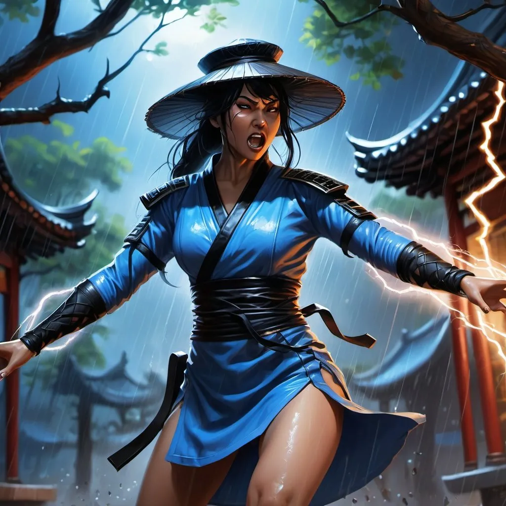 Prompt: 4k ,oil painting ,fantasy, high resolution ,artistic,modeling,mortal kombat character , a female ninja throws an thunder magical balls ,thunder lights in background ,blue light caused by the thunder,she leans against a tree,black hair,she wears rain chinese  hat , long blue ninja outfit , white short skirt reveals legs, low angle shot ,focus on legs ,thigh,dynamic , wind ,rain,old chinese temple  , powerful look, throwing stance , angry face ,electric white eyes  , she is screaming , electric skin 