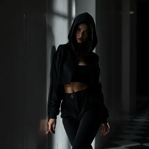 Prompt: photorealistic, high-resolution artistic photography, female model(close up) standing against the wall creating an artistic photo by her pose and dime lighting that make the photo to look more mystery  , donning an open black hoodie covers her head paired with a black crop top and high-rise pants, studio setting with professional lighting highlighting her features, elegant black and white tiled floor shining beneath her, dynamic composition showcasing strength and grace, ultra-detailed textures and fabric of the attire, stylish and contemporary atmosphere.