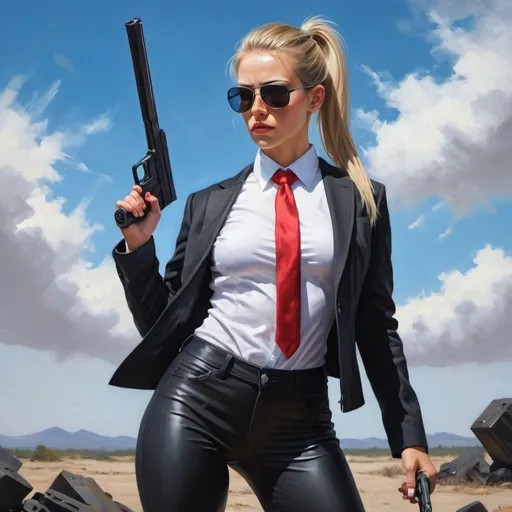 Prompt: 4k,oil painting,high resolution,professional, bright colors , blue sky,modeling ,combat stance, a secret agent woman is holding guns  ,she is standing ,ponytail haircut ,blonde hair, opened black jacket ,white shirt, red tie , black tight long pants ,focus on legs ,she wears sunglasses , mirrored lens, close up , portrait , view from the ground , low angle shot