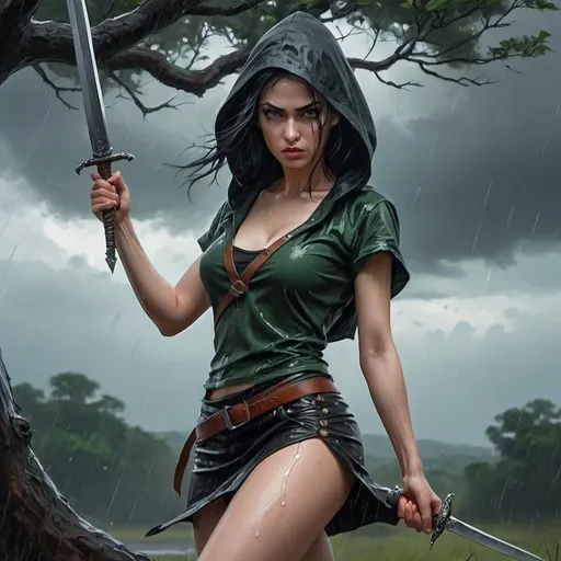 Prompt: 4k ,oil painting ,fantasy, high resolution ,artistic,nature ,sky,rain ,dark atmosphere ,action,dynamic, a white dangerous  leans against a tree and woman holds dagger , model pose , angry face , black hair , traditional buttoned black shirt , dark green slit miniskirt  ,black hood,  good composition , low angle shot , focus on legs ,crossed leg stance, portrait 