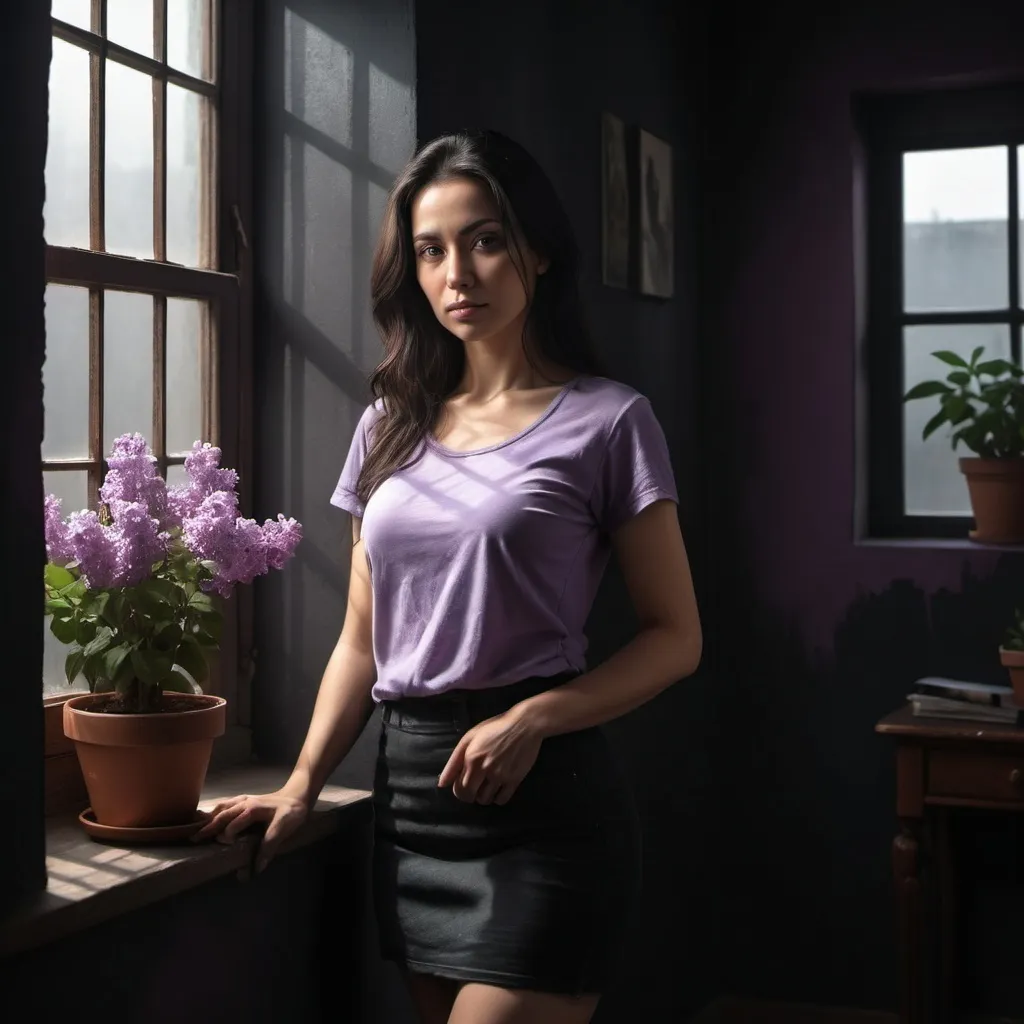 Prompt: a portrait of 35 years old woman in a dark room, flowerpot on the windowsill ,she stands far from the window and  leaning against the wall ,modeling pose  ,digital painting  ,black wall, sunlight streaming the woman  through
 a window, black long hair  , lilac t-shirt,black miniskirt,dark colors, 4k, high resolution, art photography,, intense lighting, dramatic shadows, natural light ,professional, detailed features , atmospheric lighting , 