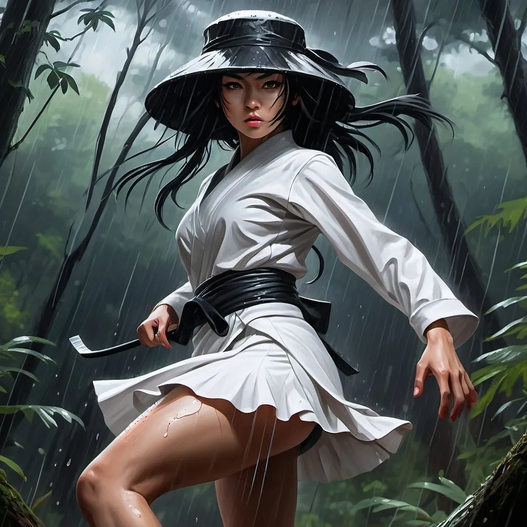 Prompt: 4k ,oil painting ,fantasy,dark colors, high resolution ,artistic,modeling, a female ninja in combat stance ,black hair,she wears rain hat , long white ninja outfit , white short skirt reveals legs, low angle shot ,dynamic , wind ,,forest,rain,dark area , 