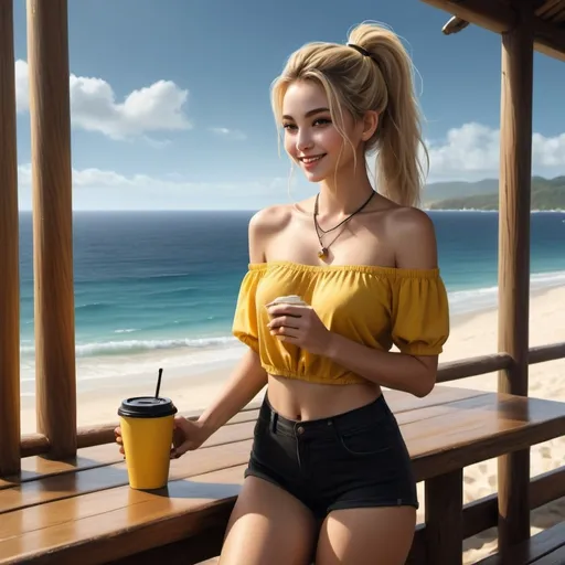 Prompt: a woman stands next to wooden pole and holds coffee from yellow cup ,wooden table ,window , beautiful view , sea ,sand, high resolution , 4k , digital painting , realism , the woman wears black shorts , yellow off shoulder top ,blonde hair , ponytail ,necklace , legs , artistic modeling stance , modeling  photography  , close up , low angle shot ,dark colors , smile , portrait 