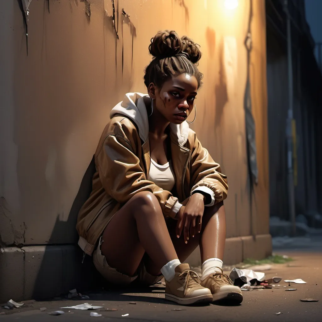 Prompt: high resolution, digital painting ,realism  , neglected street ally(dirty , trash) ,  Fluorescent ,  ,, nighttime (mystery , horror), a black woman(bun hairstyle ,ripped old brown jacket , beige shorts) sitting near the wall (sad face expression) , she is  illuminated by the light of the fluorescent  ,soft contrast (light and shadow) , low angle shot of  the woman ,  somber atmosphere 