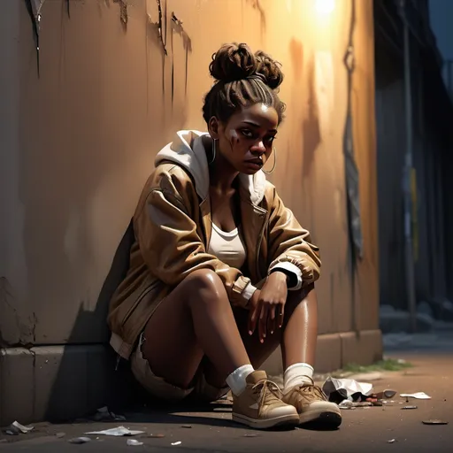 Prompt: high resolution, digital painting ,realism  , neglected street ally(dirty , trash) ,  Fluorescent ,  ,, nighttime (mystery , horror), a black woman(bun hairstyle ,ripped old brown jacket , beige shorts) sitting near the wall (sad face expression) , she is  illuminated by the light of the fluorescent  ,soft contrast (light and shadow) , low angle shot of  the woman ,  somber atmosphere 