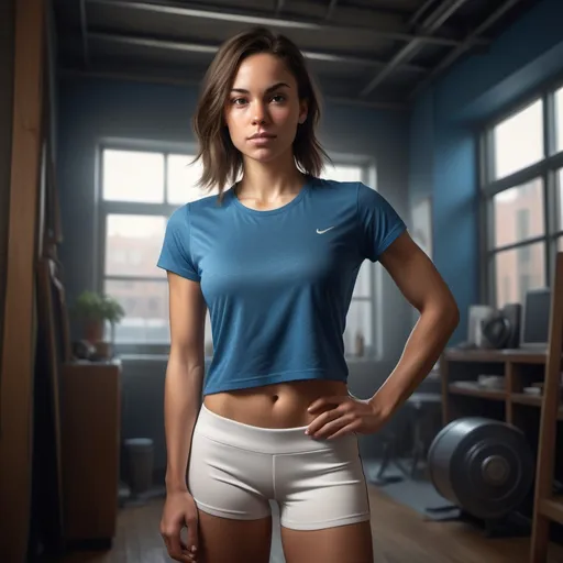 Prompt: A stylized, photo realism of a confident athletic woman standing in a lively, dimly lit urban room. She is wearing a cropped blue t-shirt with a relaxed fit and white athletic shorts. Her pose is dynamic: one hand rests confidently on her hip, and the other is slightly bent, adding a sense of motion. The room around her is decorated with subtle, modern touches: a comfortable armchair in the corner, a few plants with large leaves adding color, and abstract artwork hanging on the walls. A warm spotlight illuminates her, casting dramatic shadows and highlighting her athletic physique. The overall atmosphere is modern, stylish, and vibrant, with a moody yet lively energy. The room feels lived-in but still minimalistic and elegant, with an interplay of light and shadow that adds depth