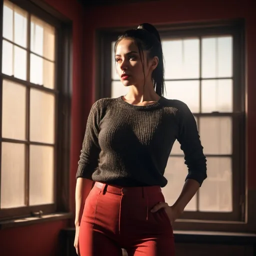 Prompt: 4k, high resolution, professional, detailed features, realistic, dramatic lighting, vintage colors,  professional lighting , room 
a woman standing in modeling pose , black hair , ponytail ,black knitted shirt , red tight long pants, art photography , intense lighting , sunlight streaming through a window , portrait 
