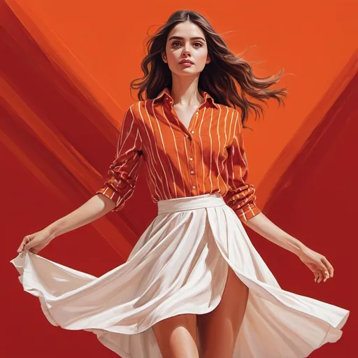 Prompt: (woman posing gracefully), digital painting, high resolution, (elegant pose), a striking red-orange  background that enhances the subject, wearing a vibrant orange and red striped shirt, complemented by a flowing white skirt , low angle shot