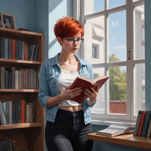 Prompt: 4k , high resolution , digital painting , bright colors , art photography , achromatic colors ,detailed features , office , shelf with book , a woman standing near the window and she is reading a book , red hair , short pixie haircut , glasses , light blue small jacket , black crop top shirt , off white long pants , the woman is 38 years old , she is powerful , confident , good composition , face expressions , tough face , opened window shining through the woman 