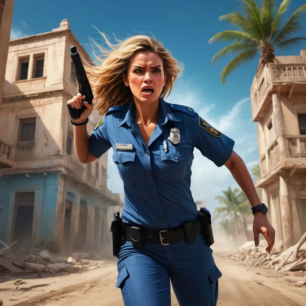 Prompt:   a police woman fighting criminals in a gun fight  ,low angle of the woman,there is a building next to the woman, sandy terrain, palm tree, old buildings in poor area,  intense action, third world country, angry face, professional, dramatic background with dramatic colors , urban setting, best quality, 4k, poor area, detailed clothing, intense expression, digital painting, realistic , bright colors , blue sky , strong wind , good composition  , action movie scene 