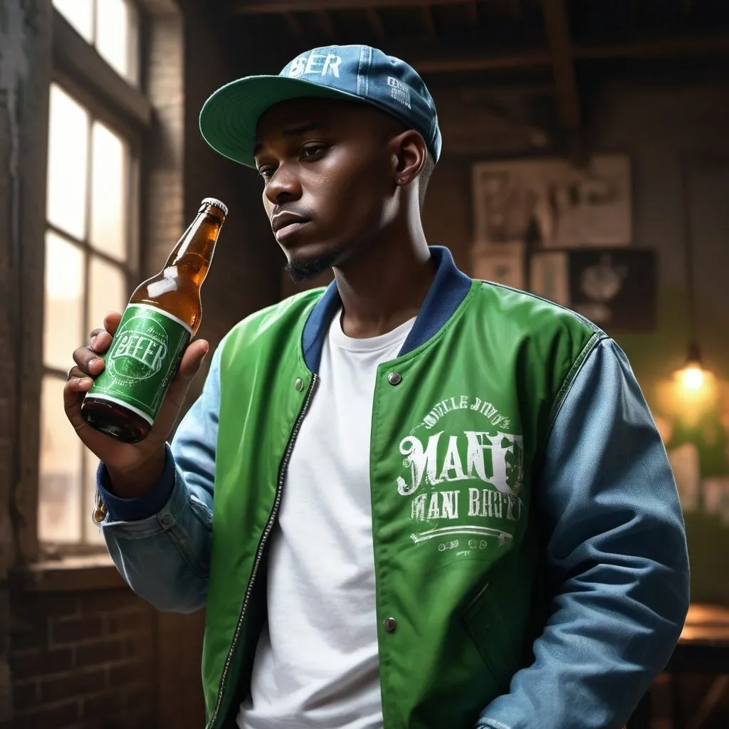 Prompt: 4k , high resolution , digital painting , modeling , neglected ally , dramatic colors, old building wall , led lights above the man , a man is holding a bottle of beer  ,dark skin, mid fade haircut , opened green letter jacket , white under shirt , blue jeans , green turned back hat , close up on the man , low angle shot 