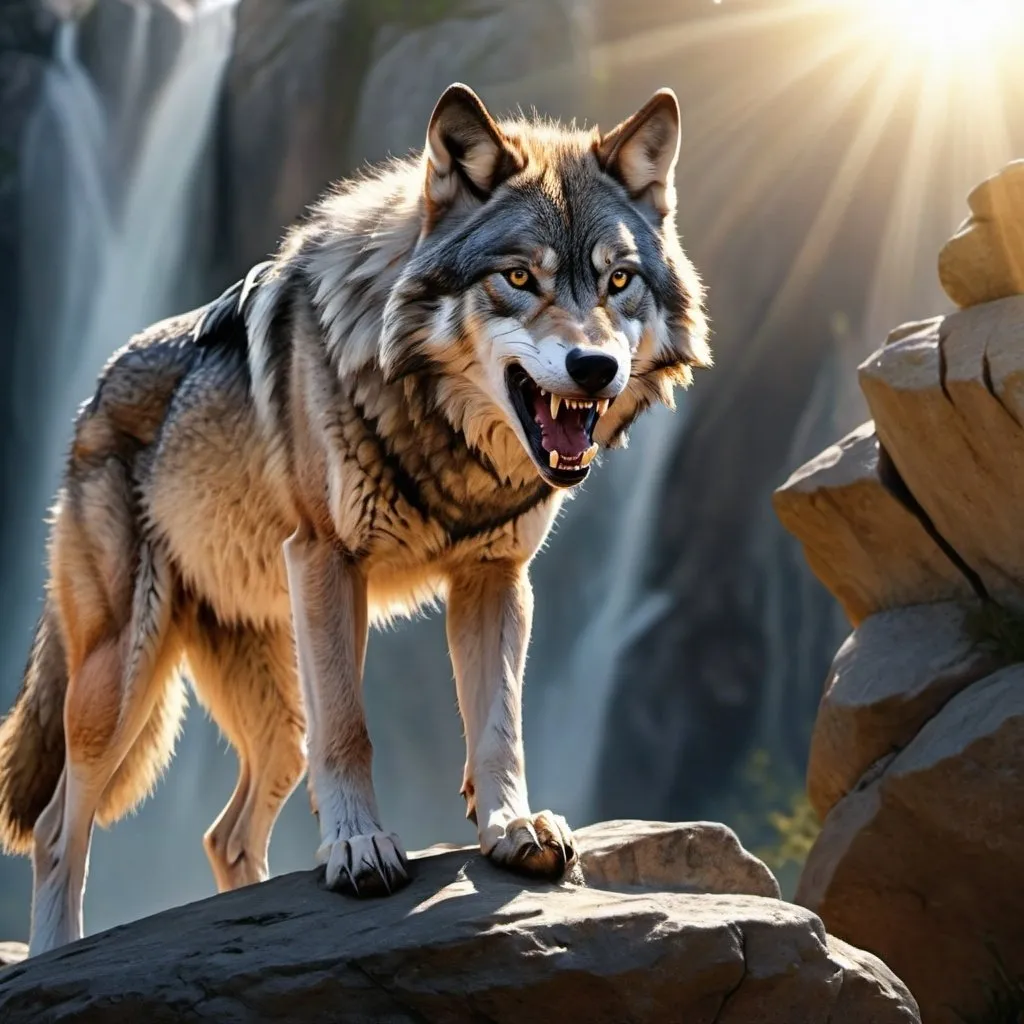 Prompt: 4k , high resolution , detailed photo , ,digital painting , photorealism , animal photography ,wolf  stands on rock and exposes his teeth , aggressive look , scary  , attacking , photography ,  , sun shines on the wolf's face , dynamic , action