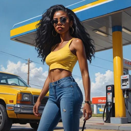 Prompt: 4k,oil painting ,high resolution,expressionism, dark colors  ,sunlight ,sky,cool stance,low angle shot, focus on legs,feet,a black woman ,she stands in gas station , hard attitude , shameless ,long hair ,black hair, yellow crop top shirt,blue bag , short tight jeans,she wears sunglasses , mirrored lens, good composition , close up , portrait