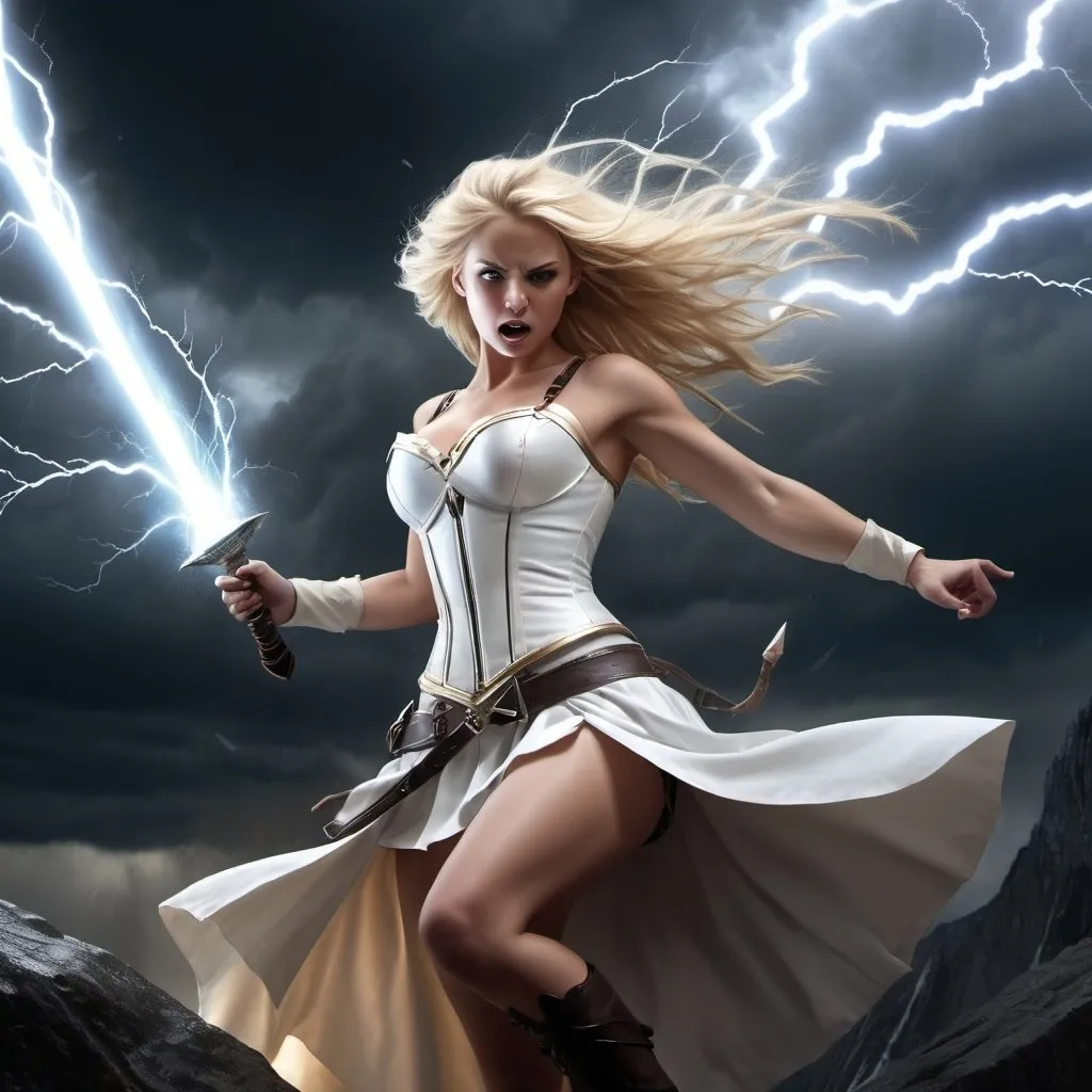 Prompt: 4k , high resolution ,fantasy, illustration , dark colors , artistic ,mountain, a woman rises up magical sword ,big storm caused by the magical sword , strong wind ,dark background, blonde hair ,white crown , white combat corset , white short skirt revealing legs , low angle shot ,attacking stance , thunder aura around the sword , sword's blade glowing with the thunder , portrait , thunder hits the sword and causes big lights