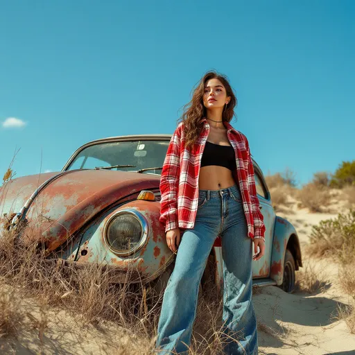Prompt: A close up  female figure in a red and white plaid jacket , black crop top , fitted jeans , confidently next to an old, rusty beetle car, partially buried in a sandy area. The car's faded paint and rusted metal contrast with the vibrant blue sky above. Surrounding her are patches of dry grass and scattered bushes, swaying gently in a warm breeze. The sunlight casts soft shadows on the sand, highlighting the texture of the ground. The scene captures a sense of nostalgia and adventure, with the character positioned slightly to the right, her gaze directed towards the horizon, embodying a carefree spirit.
