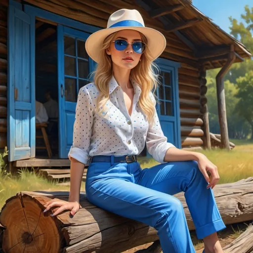 Prompt: 4k , high resolution,digital painting ,hyper realistic , detailed , fashion , art photography , bright colors , nature , old wooden house , a woman sitting on  log , blue fedora hat , blonde hair , white linen shirt with blue dots(opened buttons) , blue tight long pants , sunglasses with mirrored lens and blue templates  , sunlight streaming on the woman 