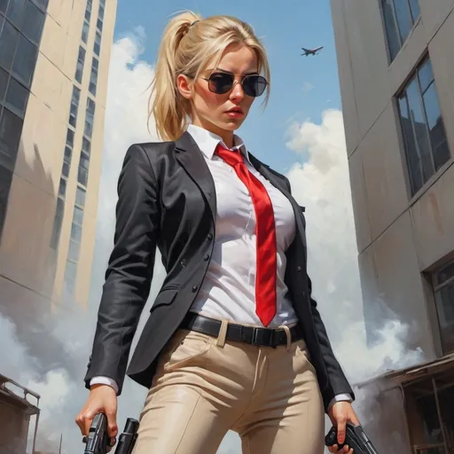 Prompt: 4k,oil painting,high resolution,professional, bright colors ,modeling , a secret agent woman is holding guns ,aim stance , she stands ,ponytail haircut ,blonde hair, opened black jacket ,white shirt, red tie , beige tight long pants ,focus on legs ,she wears sunglasses , mirrored lens, close up , portrait , view from the ground , low angle shot 