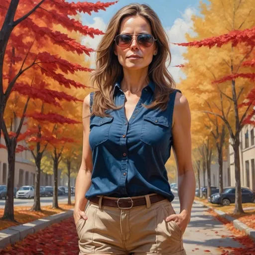 Prompt: 4k, high resolution,detailed,professional, autumn ,oil painting, dark colors, urban,trees with red leaves ,a beautiful woman , modeling stance ,she is 45 years old, the woman wears dark blue  sleeveless shirt , beige cargo shorts , long brown hair , sunglasses, mirrored lens , rounded body, low angle shot , unique stance , wind moves the red leaves 
