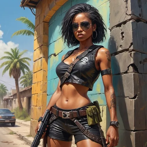 Prompt: 4k , high resolution , bright colors ,oil painting,fantasy, action ,road,palm trees,old building,cracked walls, a female bounty hunter stands near wall tree  ,she aims a gun ,fighting pose, black braid hair , black skin , sunglasses , mirrored lens,olive shorts, leather black crop top shirt , bandolier , skull logo , close up