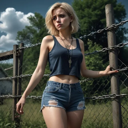 Prompt: 4k , high resolution , detailed , artistic photo shot,expressionism, old small house , dark colors , dramatic colors tells the sadness of the woman , view , field , flowers grass , trees , ,woman is leaning against chain-link fence , blonde hair , tank top shirt , blue shorts ,necklace , low angle shot  , legs ,full body , dramatic lighting ,  