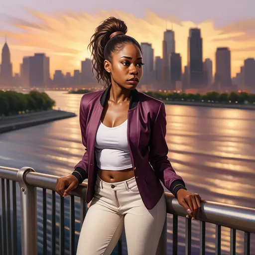 Prompt: oil painting of a black woman(plum jacket , white shirt , brown tight pants,ponytail) standing(dramatic face expressions) near the safety railing ,sidewalk , surrounded by a stunning city skyline, capturing urban beauty, warm sunset hues reflecting on water, soft waves lapping at the shore, a gentle breeze in her hair, (4K) quality, realism , high resolution 