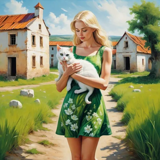 Prompt: 4k , high resolution , oil painting , bright colors , nature , spring season ,
a woman holds white cat with her hands , short green floral dress, reveal legs , green grass field , old buildings in the background , blond hair , barefoot 