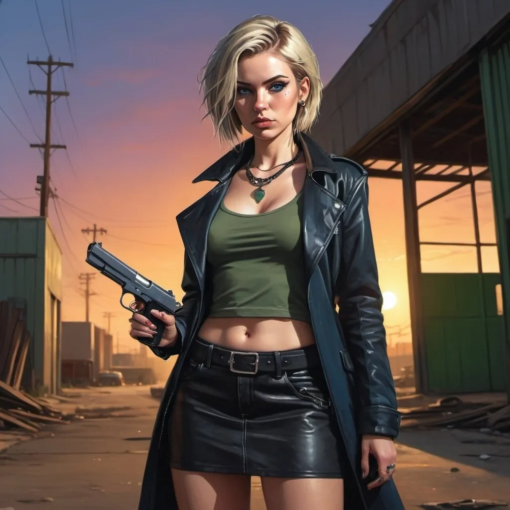 Prompt: 4k , high resolution , detailed , gta style ,dark colors , digital painting , roller shutter door in the background , outdoor , sunset ,industrial place , a woman holds a pistol   ,  blue eyes , pale skin ,necklace , leather black coat , black tube top shirt , khaki miniskirt, black boots , dyed blue and green streaks in hair , low angle shot  , powerful look , dangerous woman , 