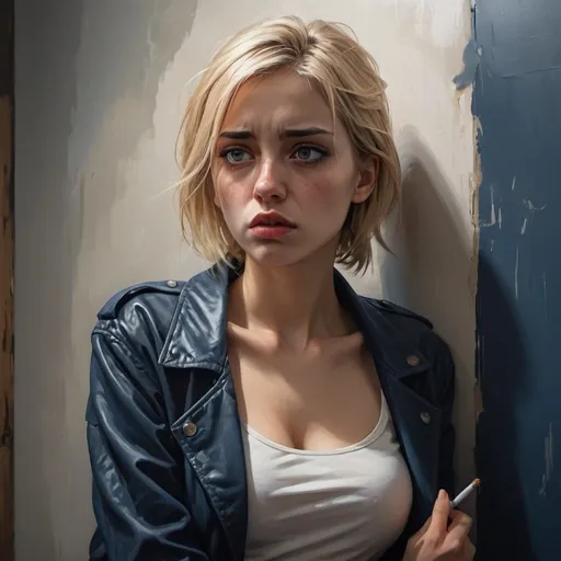 Prompt: 4k , high resolution , photorealism , painting ,emotional ,digital ,expressionism,modeling , artistic , dark room ,  , woman leans against the wall and she holds cigarette , she is sad and bored 
blonde hair , opened brown jacket ,white crop top shirt , detailed dark blue slit miniskirt ,detailed face , sick eyes , sad eyes , low angle shot