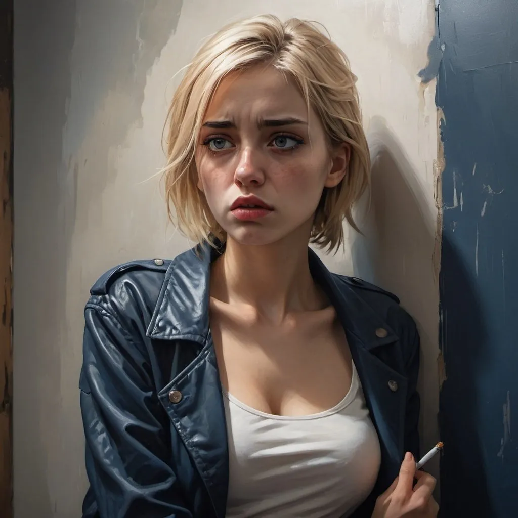 Prompt: 4k , high resolution , photorealism , painting ,emotional ,digital ,expressionism,modeling , artistic , dark room ,  , woman leans against the wall and she holds cigarette , she is sad and bored 
blonde hair , opened brown jacket ,white crop top shirt , detailed dark blue slit miniskirt ,detailed face , sick eyes , sad eyes , low angle shot