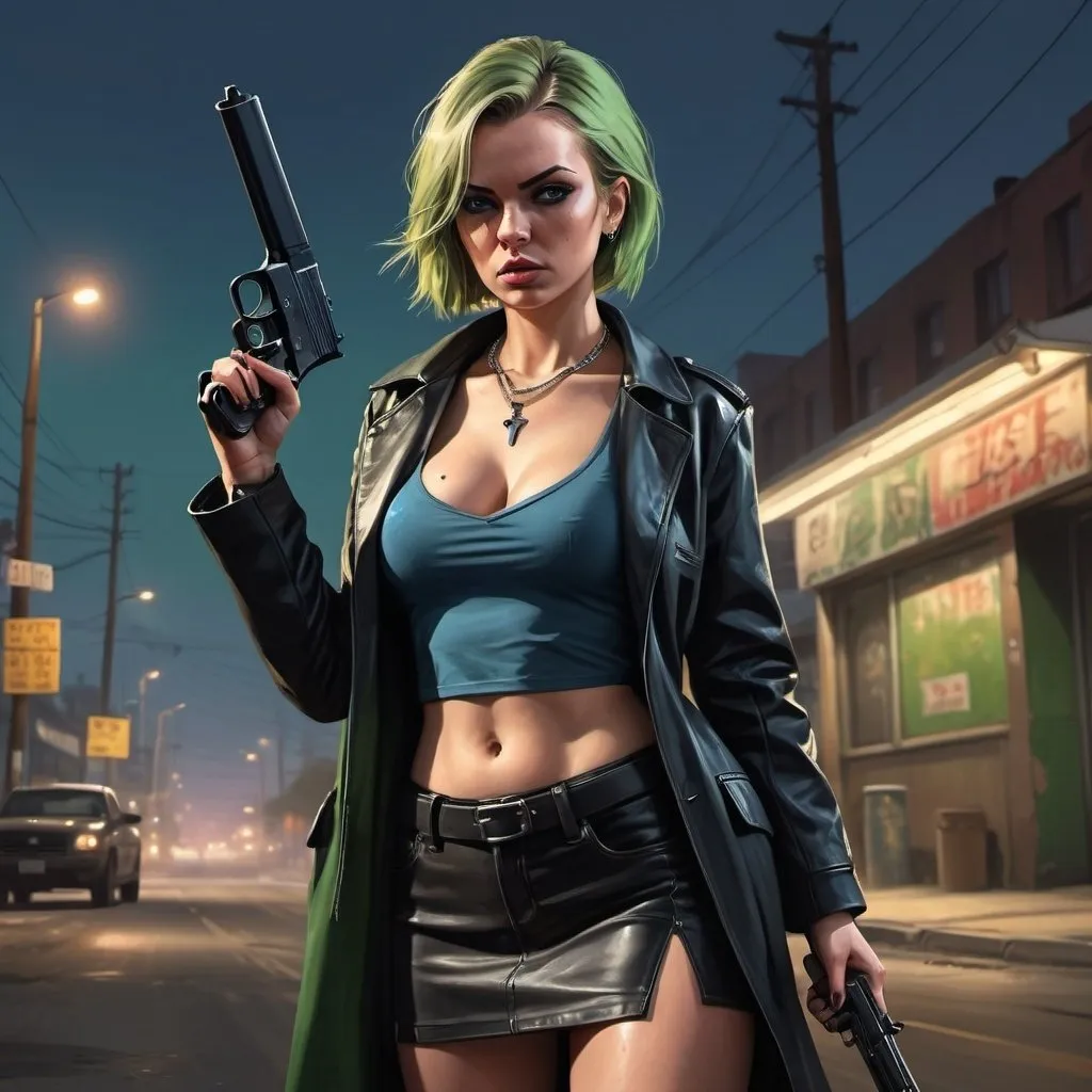 Prompt: 4k , high resolution , detailed , gta style ,dark colors , digital painting , street sunset ,road , dramatic atmosphere  , a woman holds a pistol  , she aims the pistol ,  blue eyes , pale skin necklace , leather black coat , black crop top shirt , khaki miniskirt , black boots , dyed blue and green streaks in hair , low angle shot  , 