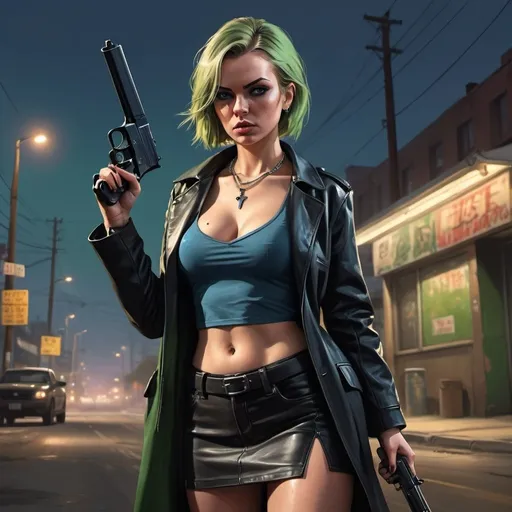 Prompt: 4k , high resolution , detailed , gta style ,dark colors , digital painting , street sunset ,road , dramatic atmosphere  , a woman holds a pistol  , she aims the pistol ,  blue eyes , pale skin necklace , leather black coat , black crop top shirt , khaki miniskirt , black boots , dyed blue and green streaks in hair , low angle shot  , 