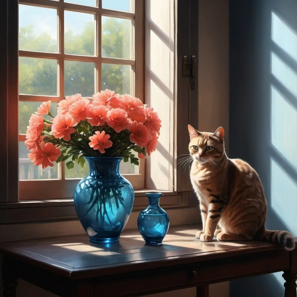 Prompt: 4k , high resolution , detailed , digital painting , realistic painting , dark room , window, half closed shutter , a blue transparent vase on table , coral flowers on vase , sunlight shines the vase through the window's shutter , curious cat stands on two feet to smell the flowers 