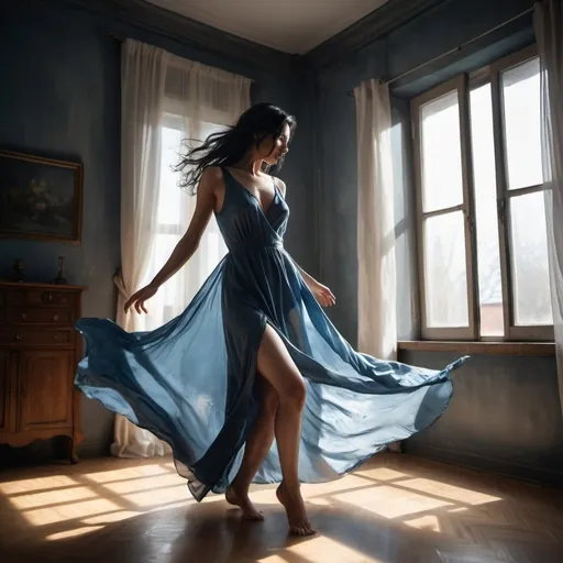 Prompt: high resolution, 4k,water painting,  dark colors , dramatic colors , detailed, fashion , modeling , room , parquet , window with gray curtain
a woman is modeling , fancy blue long slit dress , low angle shot , feet , black hair , close up on woman's face ,portrait ,light and shadow , dance stance  , low angle shot , sunlight shines on the woman through the window , dynamic movement 