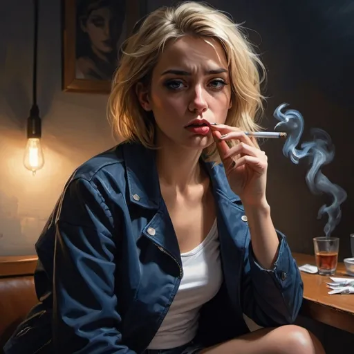 Prompt: 4k , high resolution , photorealistic painting ,digital painting ,expressionism,modeling , artistic , dark room ,light and shadow photography , led lights , woman smokes cigarette  ,she is bored and sad,
blonde hair , opened brown jacket ,white crop top shirt , detailed dark blue slit miniskirt ,low angle shot 