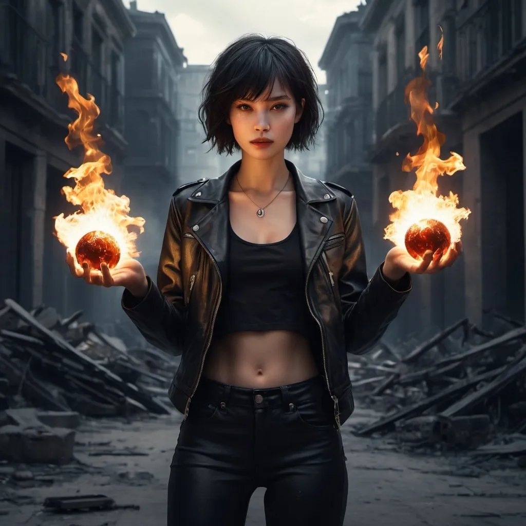 Prompt: a woman holding fire balls in her hands  ,fire lighting effects  , urban settings,fantasy,ruined city ,destruction    ,big necklace, opened black jacket, black crop top shirt , black leather pants ,short hair (illustration), (high resolution), dramatic lighting, destruction atmosphere, detailed background ,ruined buildings , dark color tones, realistic art style, ultra-detailed,destruction in the background , fire lighting  around the woman ,low angle shot , art photography , close up on the woman , 