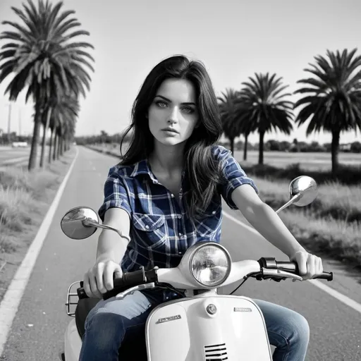Prompt: 4k , high resolution , artistic,achromatic colors,professional photography  , black and white colors shot , only flannel shirt and blue eyes are colorful , modeling , road , grass ,fence, palm trees ,woman sits on motor scooter  ,black hair ,blue eyes, opened flannel shirt with blue and gray colors,white tube top shirt, blue short jeans, unique stance , model pose , low angle shot , close up , portrait ,close up, good composition 