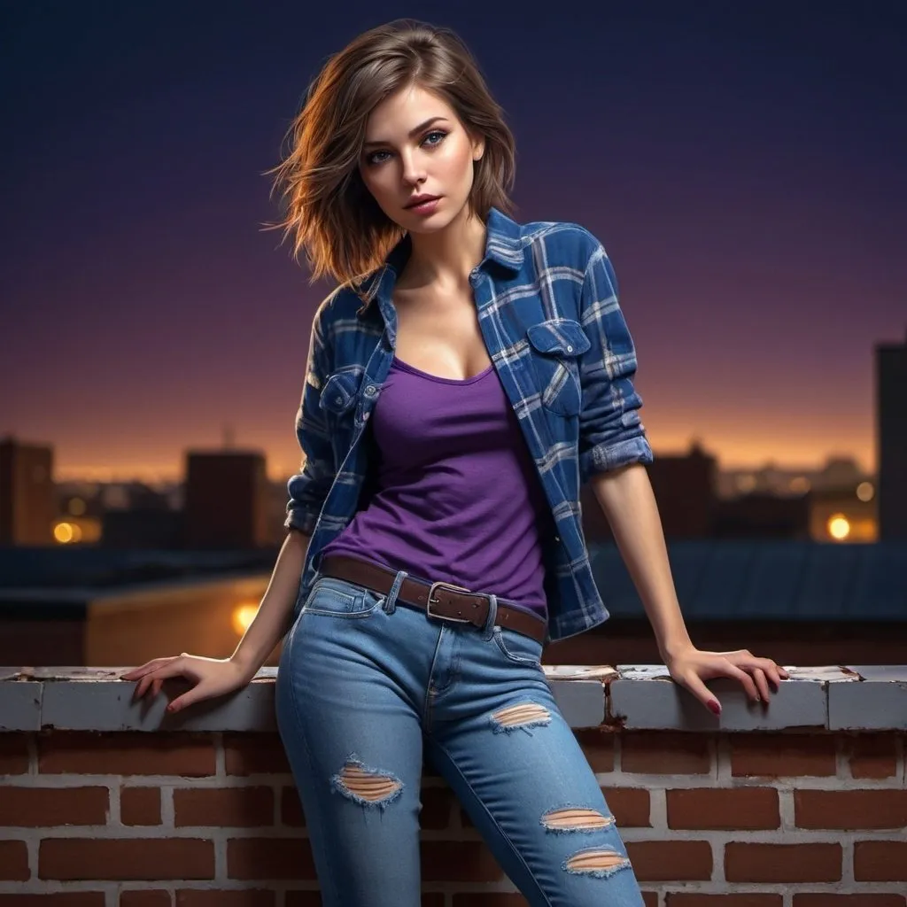 Prompt: 4k , high resolution , detailed ,fashion photography ,digital painting , dramatic ,bright colors, realism ,professional, lights on the woman , art photography,neglected rooftop, night, a woman standing near the brick wall in modeling pose, shag haircut , brown hair , flannel shirt ,purple and blue, blue jeans , portrait , legs , low angle shot ,