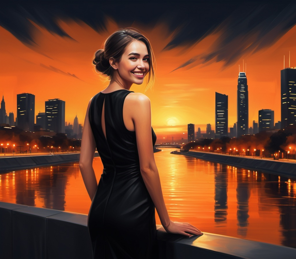 Prompt: digital painting of a city skyline with a woman (black dress) standing and smiling  and  a river in the background at night time with a bright orange sky reflecting on the water , art photography, at night, high resolution , realism , beautiful sunset