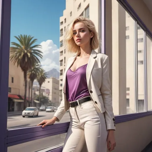 Prompt: 4k , high resolution , art photography , digital painting , fashion , building , palm tree , road , urban settings ,blue sky,modern city , a woman stands near a window , blonde hair , off white jacket , purple buttoned shirt , off white tight long pants , 