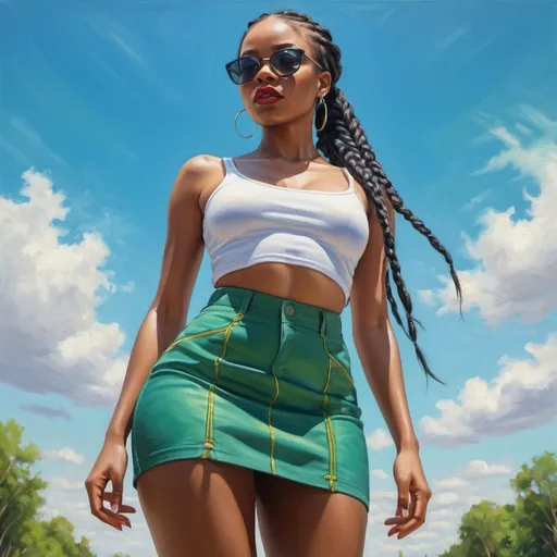 Prompt: 4k,oil painting,high resolution,professional, bright colors , blue sky,modeling , a black woman is modeling  ,she is standing ,long braids haircut,black hair, green miniskirt  , show thighs  ,focus on legs ,she wears sunglasses , mirrored lens, close up , portrait , view from the ground , low angle shot