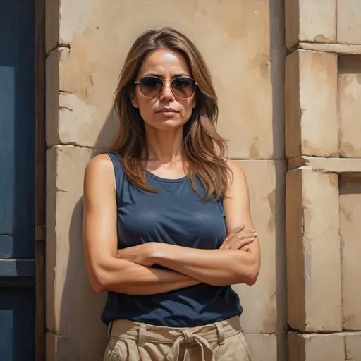 Prompt: 4k, high resolution,detailed,professional, oil painting,dark colors, street, ,a beautiful woman standing near the wall, crossed hands ,she is 45 years old, the woman wears dark blue  sleeveless shirt , beige cargo shorts , long brown hair , sunglasses, mirrored lens , rounded body, low angle shot , close up