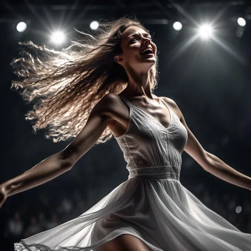 Prompt: <mymodel>
4k  , high resolution,artistic , black and white colors  ,photorealistic painting ,digital painting , a woman in short white dress is sitting on dark stage , close up , the stage's lights shine on the woman , dynamic , dramatic dance , low angle shot ,