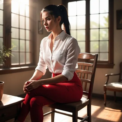Prompt: 4k, high resolution, professional, detailed features, realistic, dramatic lighting, vintage colors,  professional lighting , room 
a woman sitting on chair  , black hair , ponytail ,white linen shirt , red tight long pants, art photography , intense lighting , sunlight streaming through a window 
